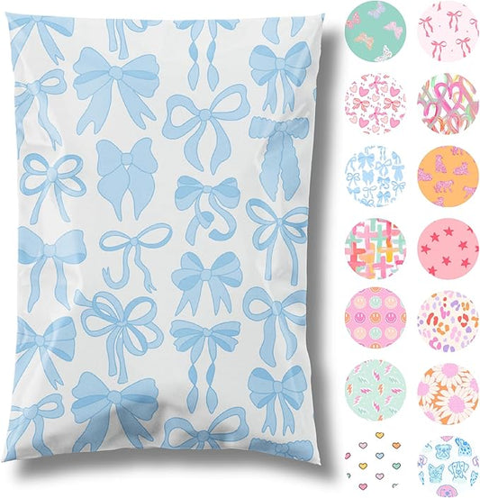 10x13 Designer Poly Mailer 100 Pack Heavy Duty Waterproof Self Seal Shipping Bags for Small Business Large Mailing Envelopes Bulk Tear Resistant Packaging Blue Bows