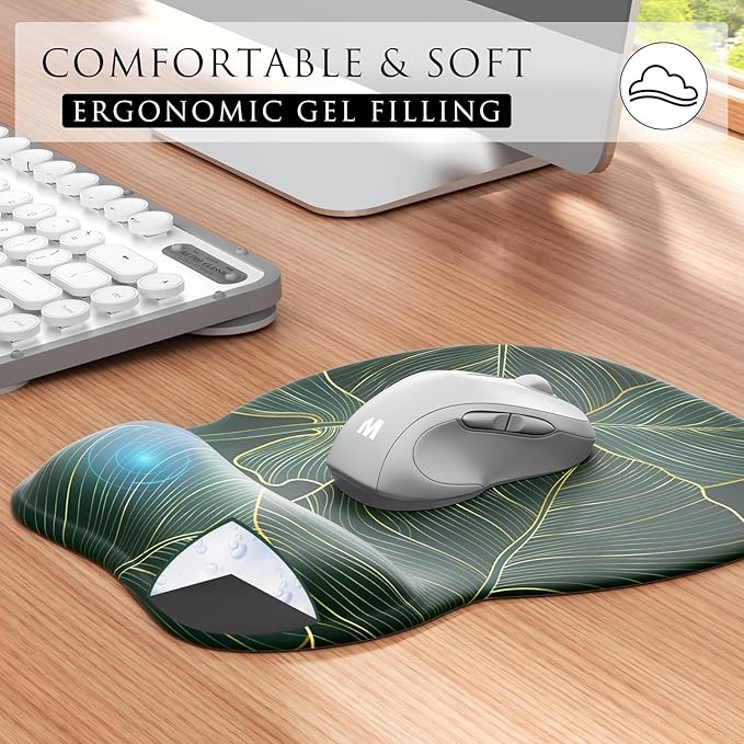 MROCO Ergonomic Mouse Pad with Gel Wrist Rest, Comfortable Mousepad with Smooth Wrist Support Surface and Non-Slip PU Base for Pain Relief, Computer, Laptop, Office & Home, 9.4 x 8.1 in, Green Leaves