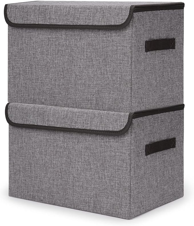 Large 42 Quarts Fabric Storage Bins with Lids [2-Pack] Linen Collapsible Foldable Storage Cubes, Closet Organizer Containers boxes with Handles for Home Office (16.7 x 12 x 12, Gray)