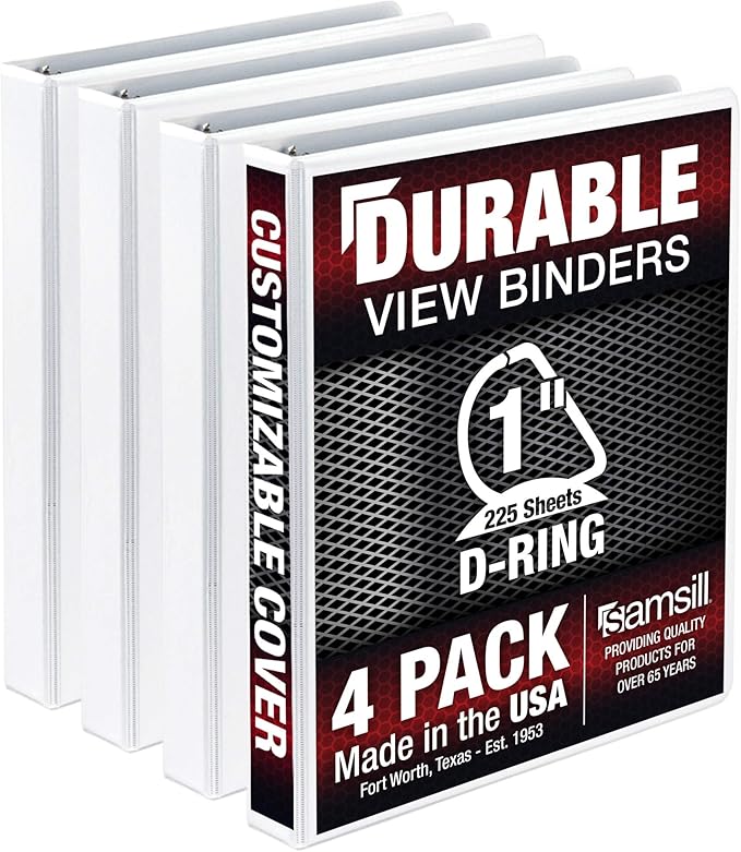 Samsill Durable 1 inch 3 Ring Binder, Made in USA, D Ring Binder, FSC 100% Recycled Chipboard, White, 4 Pack