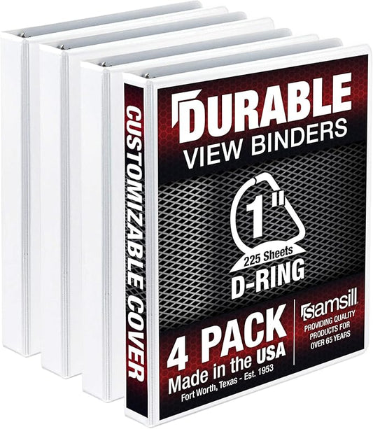Samsill Durable 1 inch 3 Ring Binder, Made in USA, D Ring Binder, FSC 100% Recycled Chipboard, White, 4 Pack