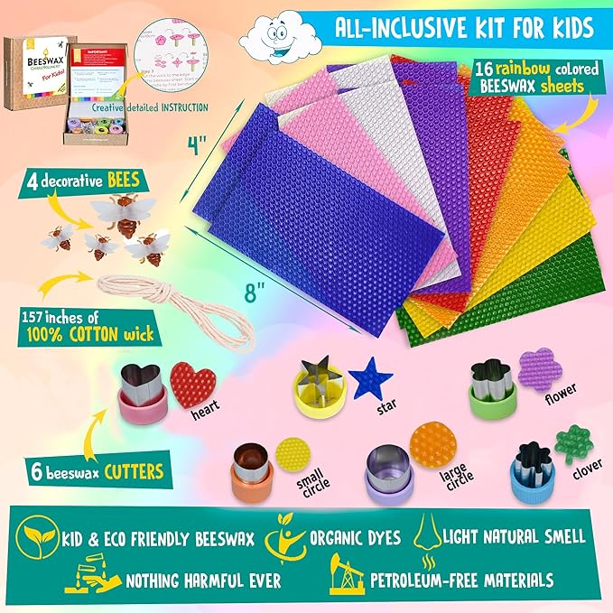 Beeswax Candle Making Kit for Kids - 100% Pure Bees Wax (16 Multicolor Sheets) DIY Candle Rolling Supplies for DIY Art Craft and STEM Projects for Boys and Girls – Includes 6 Safe Wax Cutter Tools