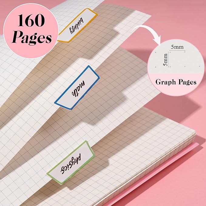 Yoment Graph Paper Notebook A5 Graphing Spiral Notebook 160 Pages Grid Paper Notebook Spiral Bound Pink Hardcover Spiral Journal 5x7 Grid Notebooks for Note Taking, Pink