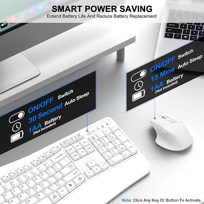 Wireless Keyboard and Mouse Combo, 2.4G Full Size Wave Keys Ergonomic Keyboard with Wrist Rest and 3-Level DPI Adjustable Wireless Ergonomic Mouse for Windows, Mac OS Desktop/Laptop/PC(White)