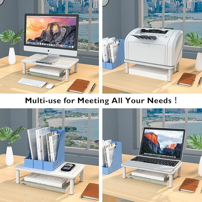 BONTEC 2 Pack 3 Height Adjustable Monitor Stand Riser with Pen Holder, Ergonomic Metal Laptop Stand with Cable Management, Desktop Stand for Computer, Printer, Monitor, Laptop, Black Steel, 14.5 in