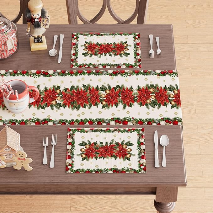 XCHI Christmas Poinsettias Leaves Bells Snowflakes Winter Xmas Placemats Set of 6 Table Mats for Party Home Kitchen Dining Table Decorations 12x18 Inch