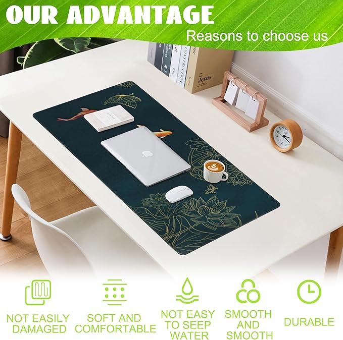 Large Gaming Mouse Pad, Koi Fish Ink Painting Desk Mat, Golden Line Lotus Desk Pad, Extended Big Computer Keyboard Mouse Pad with Non-Slip Base and Stitched Edge, 35.4"x15.7"