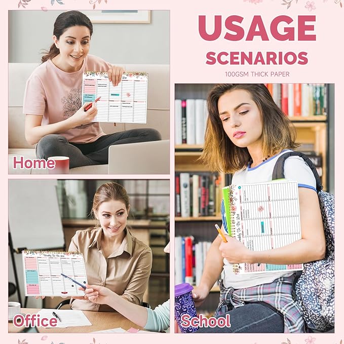Weekly To Do List Notepad with 52 Undated Sheets, 8.5"×11" Weekly Desk Planner Undated Weekly Planner with Spiral Bound for Women & Man Home School and Work, Pink