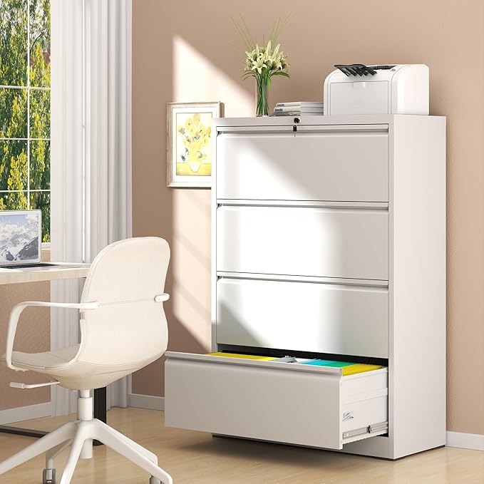 AQY 4 Drawer File Cabinet with Lock,Metal Lateral File Cabinets for Home Office,Steel Wide Filing Organization Storage Cabinets for Hanging Files Letter/Legal/F4/A4 Size Assembly Required(White)