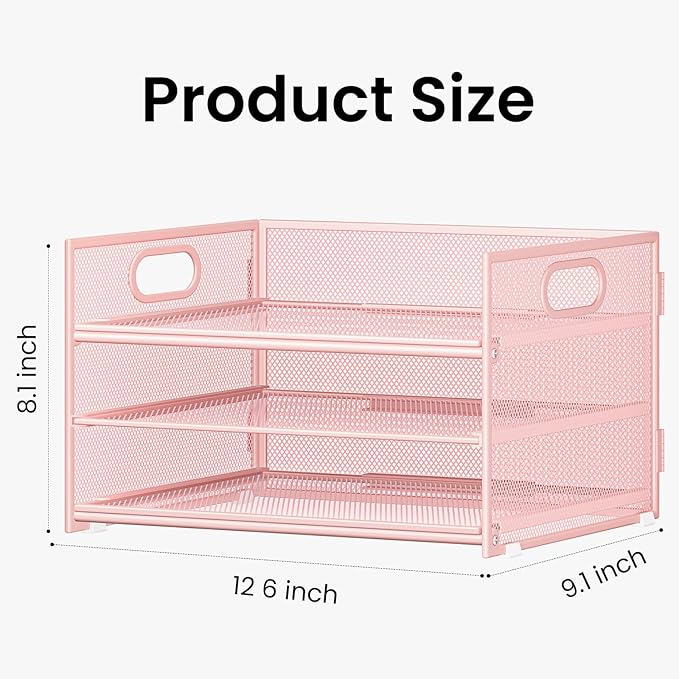 Subekyu 2-Pack 3-Tier Pink Metal Mesh Desk Paper Letter Tray & File Sorter Organizer with Handle + 1 Sliding Tray for Desk, Home, Office, School Supplies, A4 Paper and Accessories Storage