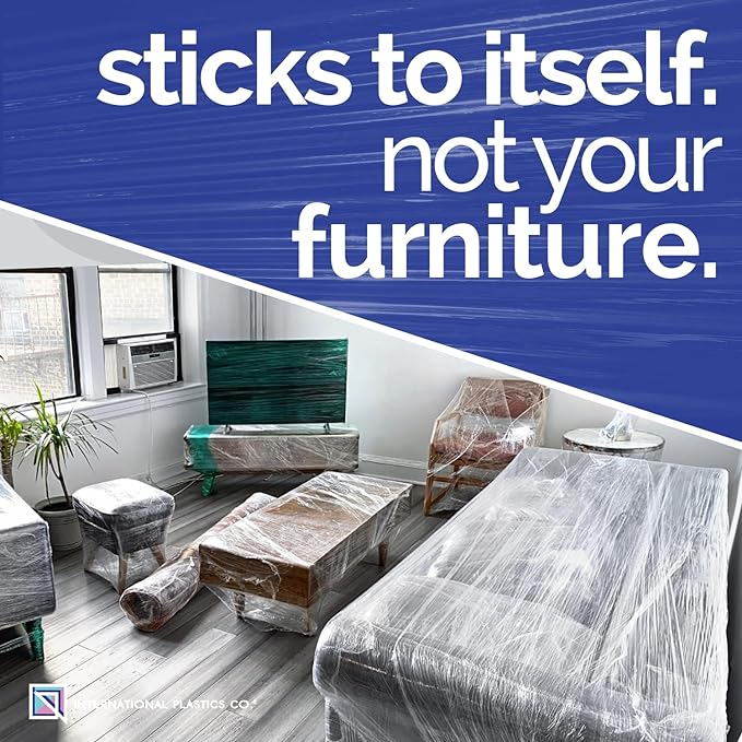 International Plastics Co. 18" Stretch Film/Wrap 1500 feet 7 Layers 80 Gauge Industrial Strength up to 800% Stretch 20 Microns Adhering Packing Moving Heavy Duty (Clear, 4 Pack - Tension Handles)