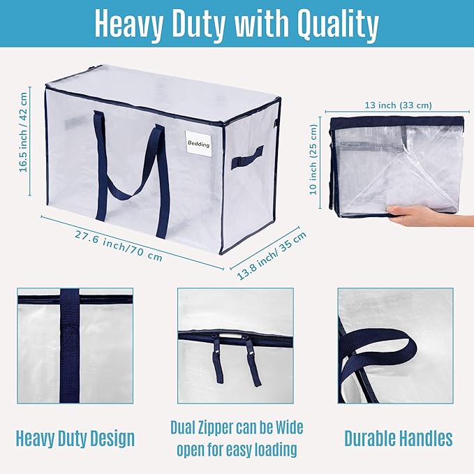 VENO 6 Pack Moving Bags, Heavy Duty, Moving Boxes Alternative, Packing Storage Supplies for Dorm Room Essentials with Zipper for Clothes, Extra Large Totes for Packaging (Clear, 6 Pack)