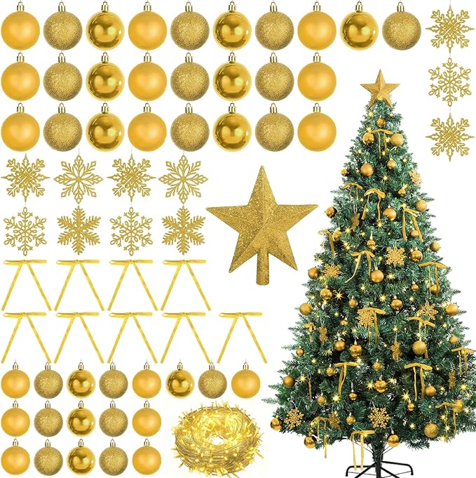 86Pcs Led Light Champagne Gold Christmas Tree Decorations Set 100 Led Light Christmas Star Trees Topper with String Lights Xmas Balls Snowflakes Ornaments Bows Xmas Trees Decor 20m Light String