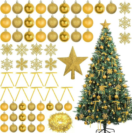 86Pcs Led Light Champagne Gold Christmas Tree Decorations Set 100 Led Light Christmas Star Trees Topper with String Lights Xmas Balls Snowflakes Ornaments Bows Xmas Trees Decor 20m Light String