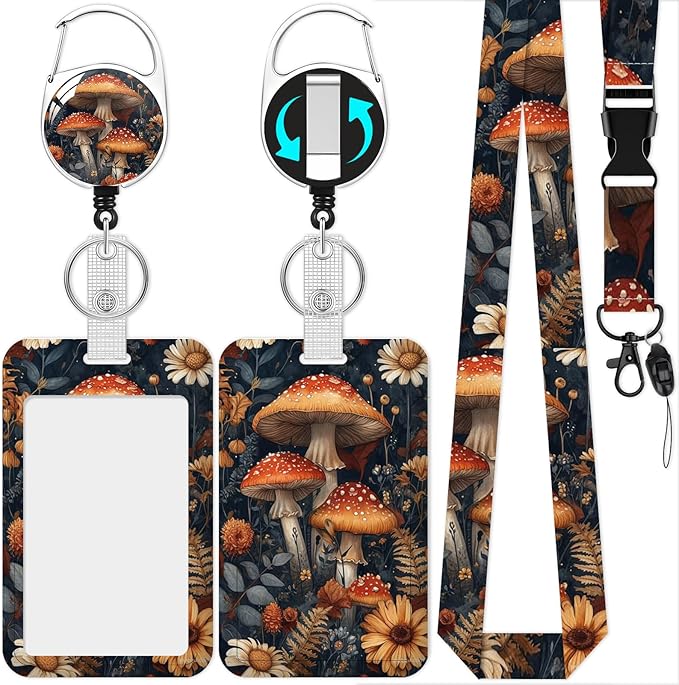 Lanyards with Id Holder, Mushroom ID Badge Holder with Retractable Lanyard, ID Holder with Badge Reel Clips, Name Tag ID Card Holder Teacher Women Doctor Office Gift