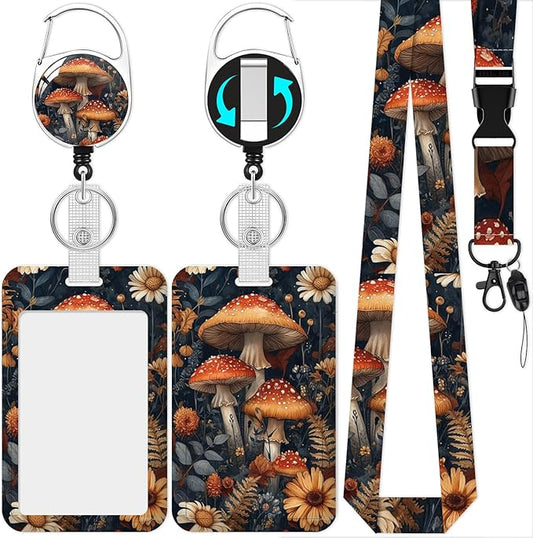 Lanyards with Id Holder, Mushroom ID Badge Holder with Retractable Lanyard, ID Holder with Badge Reel Clips, Name Tag ID Card Holder Teacher Women Doctor Office Gift