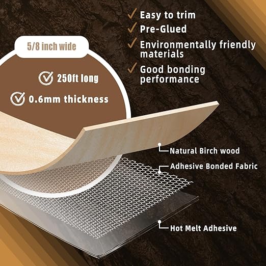 GSCIT Club Birch Edge Banding, 5/8 inch x 250ft roll of Veneer Plywood Edge Banding Preglued Flexible, Wood Tape Banding for Cabinet Repair