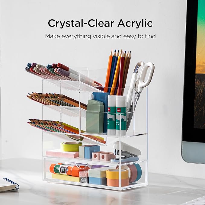 HBlife Acrylic Multi-Functional Pencil Organizer with Drawer, Large Clear Pen Holder for Desk, Desk Organizers and Accessories for Office Art Supplies, School and Home