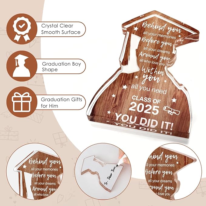 2025 Graduation Gifts for Him Class Of 2025 College Graduation Decoration, Inspirational Positive Congratulations Graduation Quote Behind You All Your Memories Card Wood-Like Acrylic Plaque Desk Decor