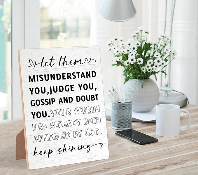 Desk Signs for Office, Mental Health Decorations, Inspirational Desk Decor, Home Decor Living Room, Coworker Gifts, Encouragement Gifts for Women Men Friend, Christian Gifts, Wooden Sign with Stand,1