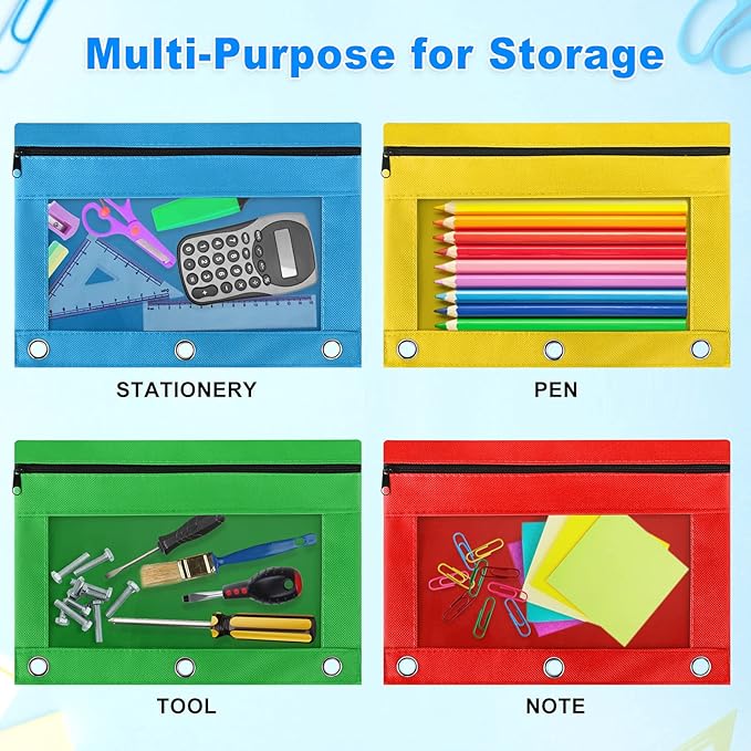 LURLIN 3-Ring Pencil Pouch, 30 Pack Bulk Zipper Pen Pouches in Assorted Colors for Office College School Supplies Cosmetics, Cloth Pencil Case for 3 Hole Binder…