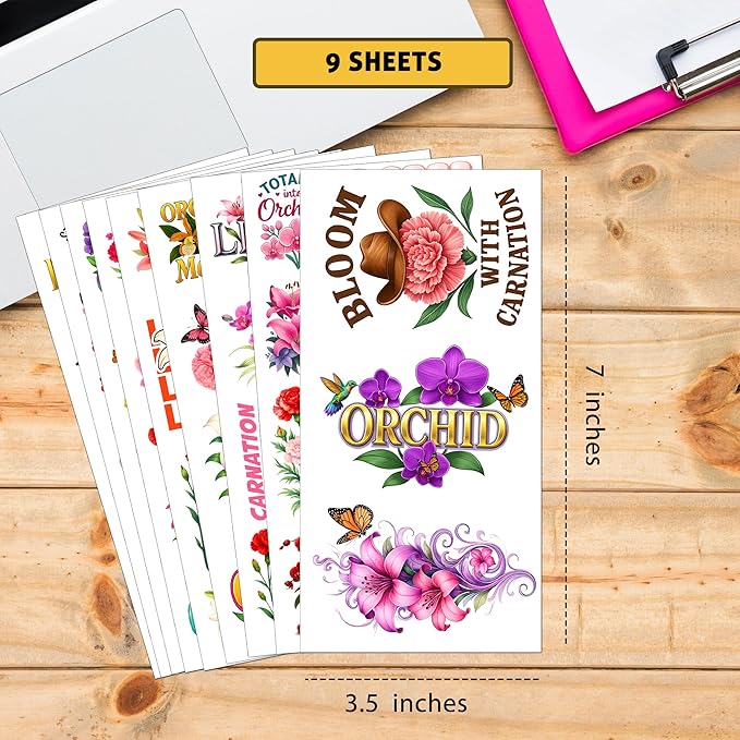 109 PCS Orchid Lily Carnation Stickers Pack, Floral Vinyl Waterproof Decals of Elegant Orchids Pure Lilies Colorful Carnations, Gift for Kids Teens Adults Scrapbook Wall Water Bottle Car