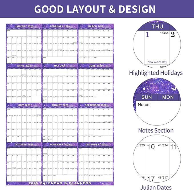 2026 Wall Calendar 24" x 36" Dry Erase Calendar for Wall from January 2026 to December 2026 12 Month Annual Large Yearly Wall Planner for Office School(Purple)