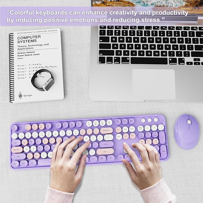 Wireless Keyboard and Mouse Combo, Ergonomic Full Size Typewriter Retro Round Keycaps Keyboard, Compatible with Windows, PC, Perfer for Home and Office Keyboards (Purple