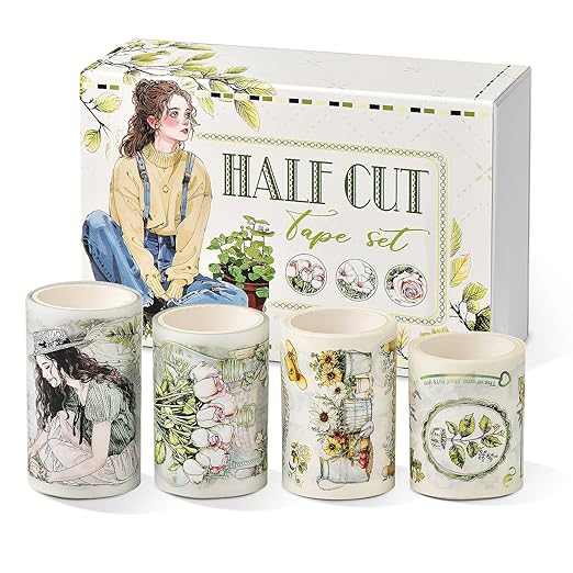 Snycler Pre-Cut Green Gardening Themed PET Washi Tapes - Vintage Aesthetic Tape Stickers for Journaling, Scrapbooking, Junk Journals, Crafts, Planners - 4 Rolls