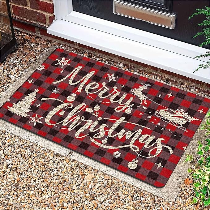 Christmas Front Door Mat Xmas Buffalo Plaid Welcome Doormat Reindeer Santa Claus Floor Mats Outdoor Indoor Area Rug Entry Doormat for Bedroom Living Room Kitchen Nursery, 18" x 30"Inch