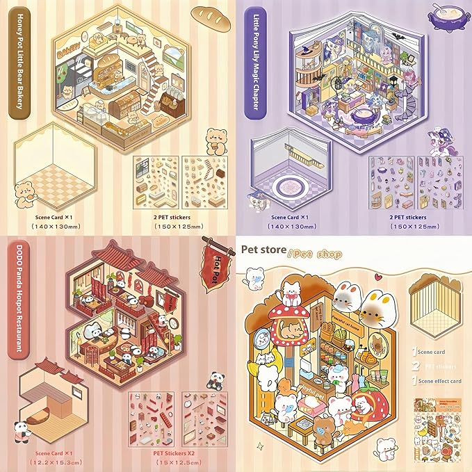 selgratwin DIY 3D Sticker Scenes for Adults Kids Reusable Cute Scene Stickers with Tweezer and Gem Stickers DIY Fun Mini Shops,playgrounds,Dream Houses Sticker Therapy Relief Stress ﻿Pass The time