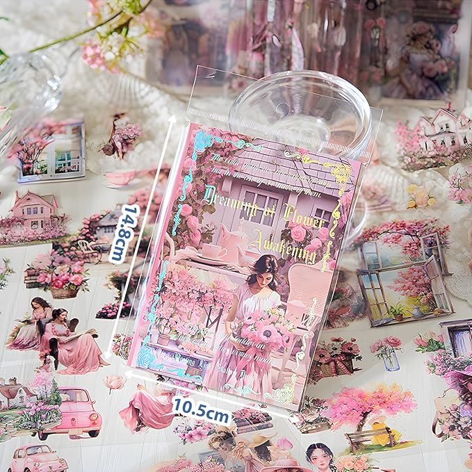 Snycler Pink Garden Series Sticker Book - 20 Sheets Vintage PET Stickers for Scrapbooking, Junk Journaling, Ephemera, and Decorative Crafts - Pre-Cut Nature Design Stickers
