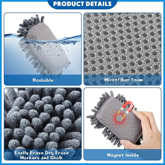 Sherr 30 Pcs Microfiber Shag Dry Erasers Bulk Magnetic Whiteboard Eraser Washable Colorful Chalk Board Eraser Markers Chalk Home School Classroom Office Supplies(Gray)