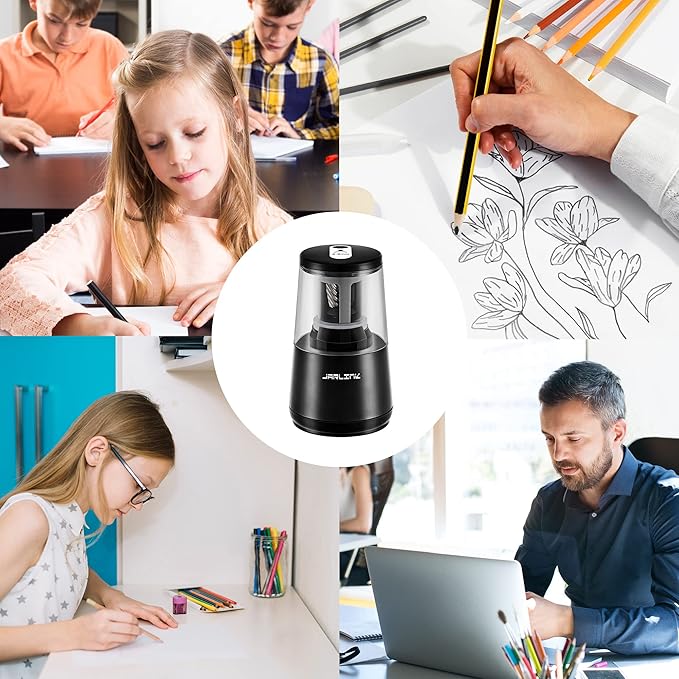 JARLINK Electric Pencil Sharpener, Heavy-Duty Helical Blade to Fast Sharpen, Auto Stop for No.2/Colored Pencils(6-8mm), AC Adapter/Battery Operated in School Classroom/Office/Home (Black)