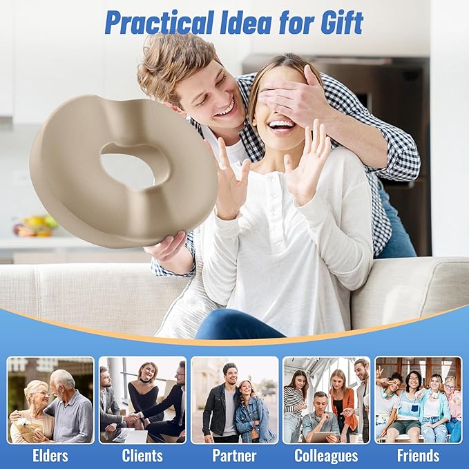 CloudBliss Donut Pillow Seat Cushion Chair Pad for Tailbone Pain Relief and Hemorrhoids, Memory Foam Seat Chair Cushion for Men and Women for Home & Office, (Khaki)