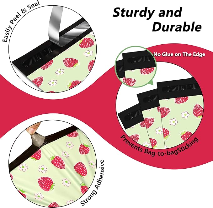 Poly Mailers 10x13 Inch 25 Pcs - Strawberries printed Shipping Bags, 2.4mil Thickness, Waterproof and Tear Resistant Mailing Envelopes, Self-Sealing Packaging Bags for Small Business