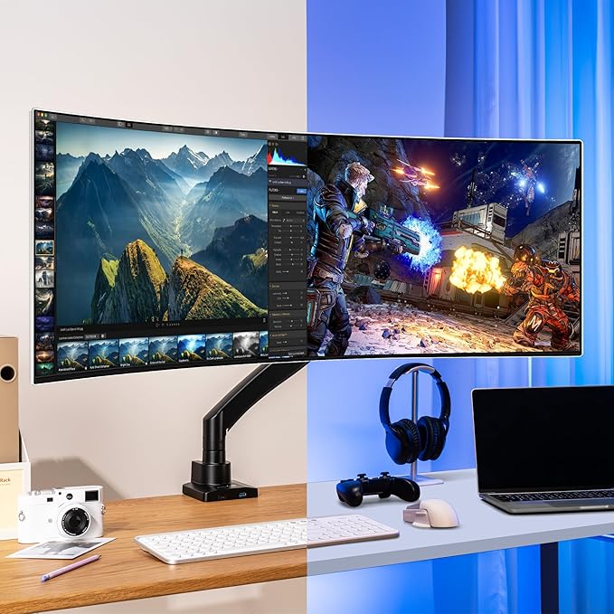 AVLT Single 17"-57" Super Ultrawide Monitor Arm for Screens Up to 59.5 lbs, Premium Aluminum Desk Stand, Adjustable Pneumatic Height, Full Motion Swivel Tilt Rotation, USB-C & USB-A Ports, Black