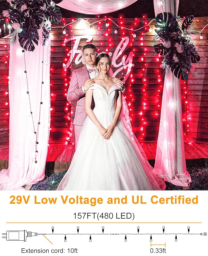 157FT 480 LED Christmas Lights Outdoor, LED Plug in Christmas Tree Lights Waterproof, 8 Modes Green Wire Twinkle String Light for Indoor Room Patio House Holiday Decorations, Red