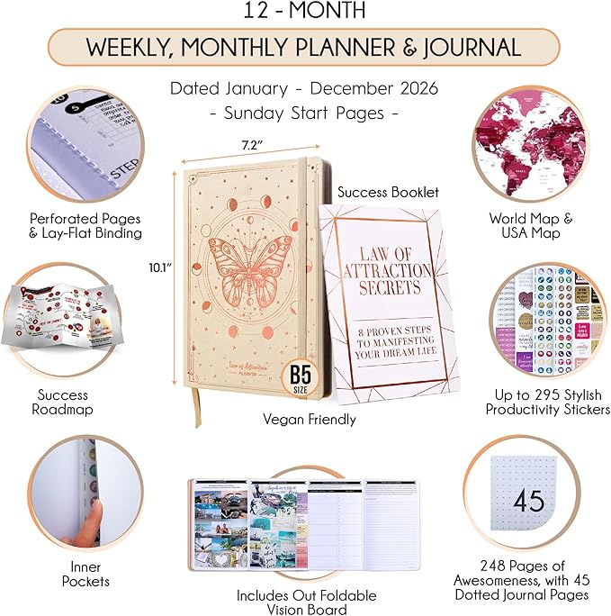 2026 Planner Weekly and Monthly | Law of Attraction Planner with Panduo App | A 12 Month Journey for Productivity, Gratitude & Goal Setting | Includes Foldable Vision Board, Gift Box & Stickers