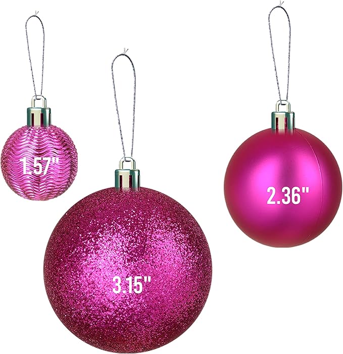 Prextex 36-Pieces Fuchsia Pink Christmas Ornaments Set - Shatterproof, Festive Christmas Balls Decorations in 3 Sizes and 6 Styles with Hanging Loops for Tree, Wreath, and Dazzling Holiday Party Decor