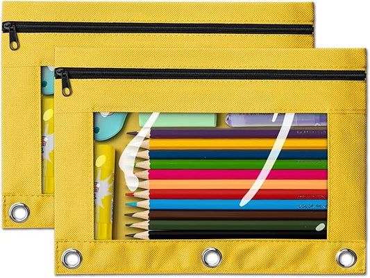 V-Opitos Pencil Pouch for 3 Ring Binder, 2 Pack Yellow 3-Holes Zipper Pencil Pouches, Sturdy and Durable Cloth Pencil Case with Clear Window for Office School College Supplies