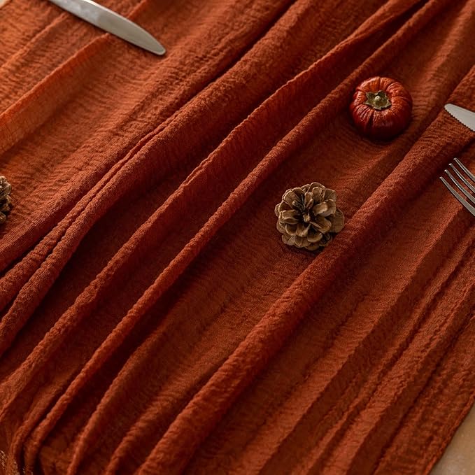 Fall Thanksgiving Table Runner Terracotta Decorations 120 Inch 10 FT Rustic Burnt Orange Sheer Cheese Cloth for Baby Bridal Shower Friendsgiving Party Centerpiece Gauze Decor for Home