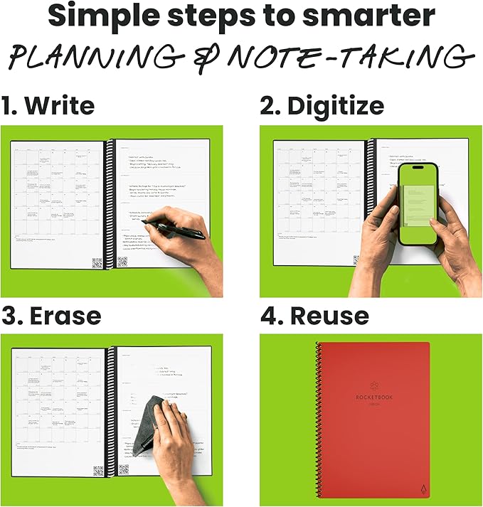 Rocketbook Fusion Reusable Undated Productivity Planner, Letter Size 8.5x11, Red - Goals, Monthly and Weekly Calendar, Daily To-do List, Lined and Dotted Notes Pages