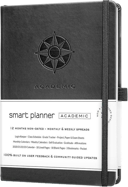 Academic Planner - Daily, Weekly, and Monthly Scheduling - 8.3 x 5.8 Inches - Undated Student Planner for Maximizing Focus and Productivity - 2020-2021 Reference Calendars (Black)