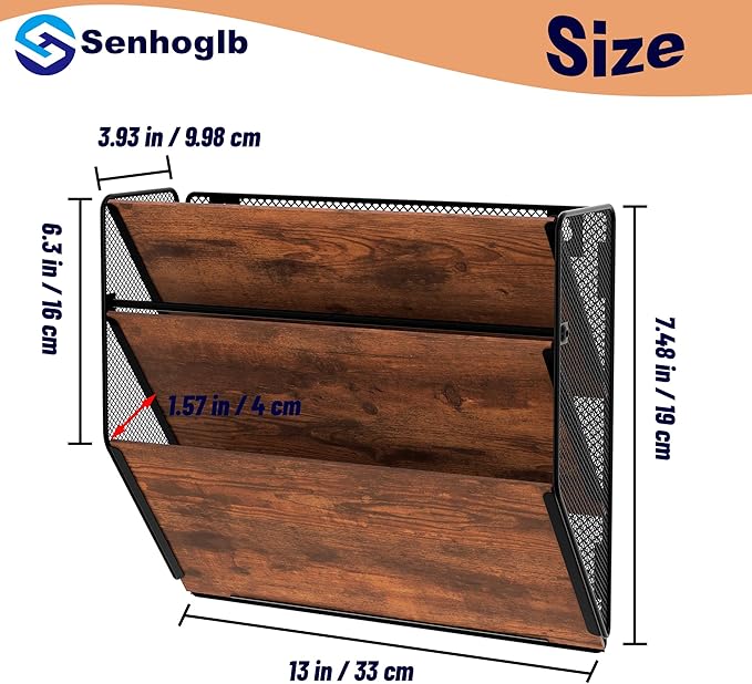 Metal Wall File Holder Organizer, 3-Tier Mesh Hanging Wall File Organizer, Magazine Rack with Pockets, Wood Document Holder for Office Home, Brown