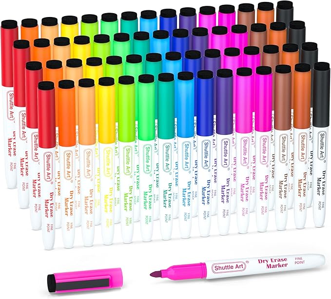 Dry Erase Markers, Shuttle Art 60 Bulk Pack 15 Colors Magnetic Whiteboard Markers with Erase, Fine Point Dry Erase Markers Perfect for Writing on Whiteboards, Glass, Mirror for School Office Home