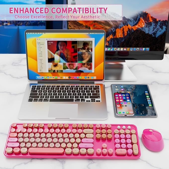 Wireless Keyboard and Mouse Combo, Retro Typewriter Keyboard with Round Keycaps, Full-Size Ergonomic, Red, Ideal for Windows PC, Home, Office, and College, Wireless Keyboard Mouse Combo