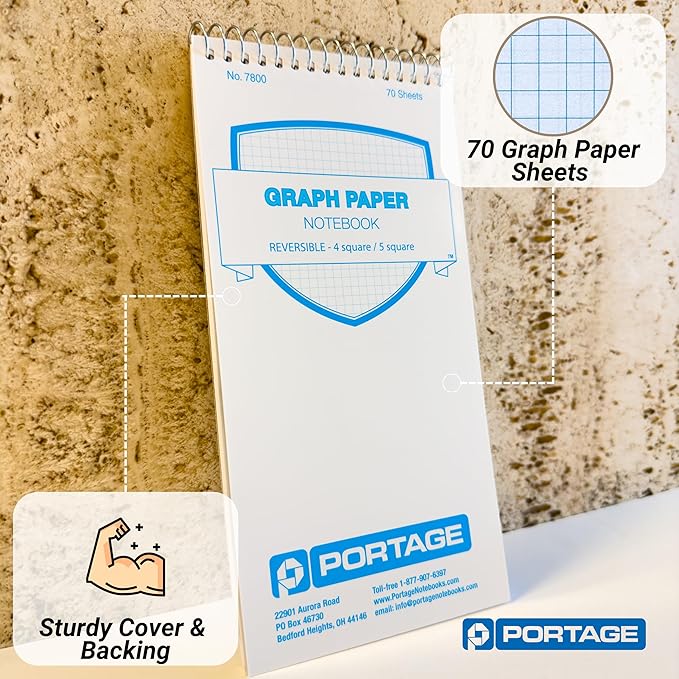 Portage Graph Paper Notebook – Top Bound Spiral Grid Notepad, Small Graph Notebook Writing Pad, Grid Paper, Reversible 4 Square / 5 Square with Notes Template, Extra Thick Cover For Extra Stability –