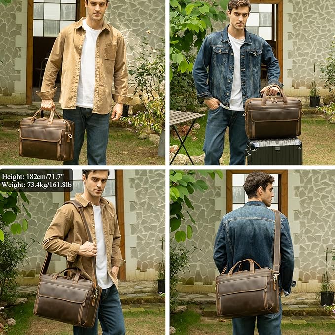 Masa Kawa Leather Briefcase for Men 15.6" - 17" Laptop Computer Case Business Travel Work Messenger Cross Body Shoulder Bag