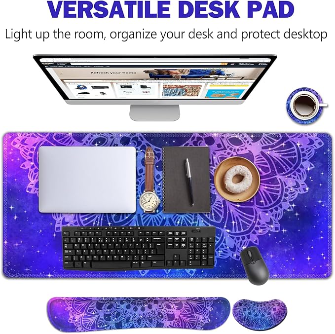 AIMSA Keyboard Mouse Pad Set, Large Gaming Mouse Pad +Wrist Rest Mouse Pad +Keyboard Wrist Support +Coaster, 35x15.7 inch Extended Desk Mat for Easy Typing Pain Relief (Blue Purple Mandala)